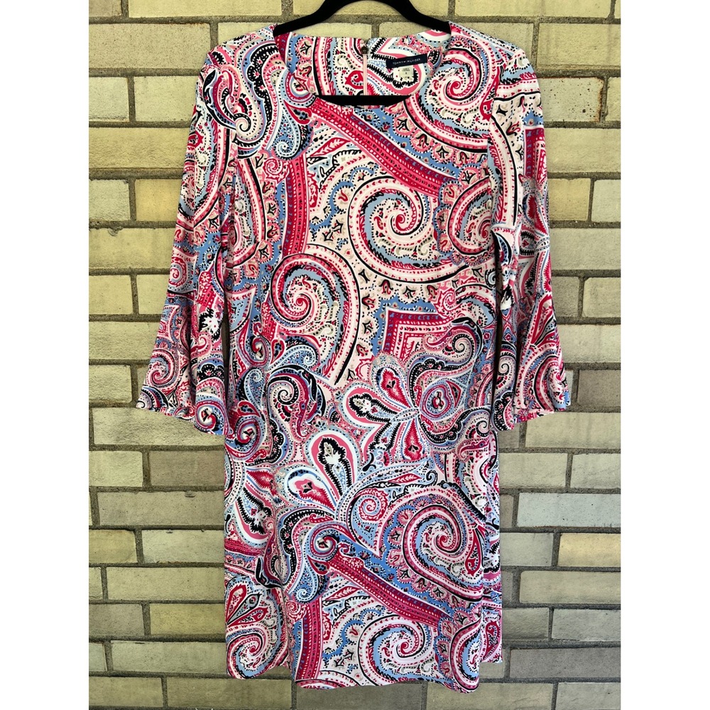 Tommy Hilfiger Pink Blue Paisley Bell Sleeve Shift Dress Size 8 Jersey Stretch